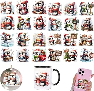 Christmas Winter Penguin UV DTF Rub on Transfer Stickers Crafts Adults | Vintage Xmas Decals For Wood Ornament Tumbler Glass Cup Wrap Mug Card Journaling Balls Holiday Decor Scrapbooking