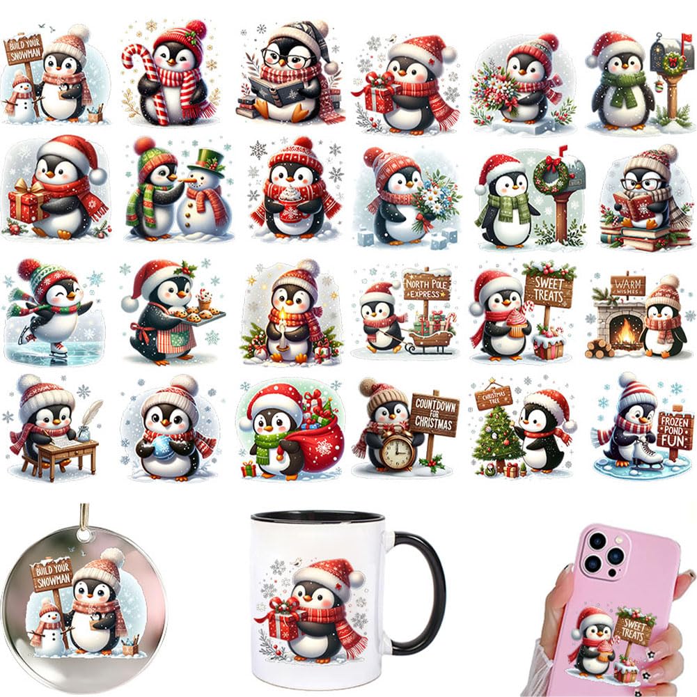Christmas Winter Penguin UV DTF Rub on Transfer Stickers Crafts Adults | Vintage