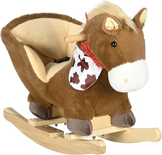 Qaba Baby Rocking Horse with Realistic Sound for Ages 18-36 Months Brown | Riding Horse, Plush Animal Rocker, Pedals