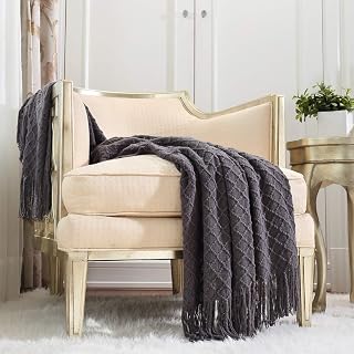 CREVENT Knitted Decorative Throw Blanket for Couch Sofa Chair Bed, Soft Breathable Lightweight for Spring Summer (50 inch X60 inch Dark Grey / Black)