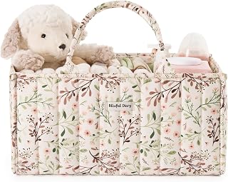 Blissful Diary Floral Diaper Caddy Organizer Storage Basket, Pastoral Daisy | Portable Storage Basket with Removable Dividers, Gift for Baby Shower, Newborn Boy & Girl Essentials, Baby Registry Must Have