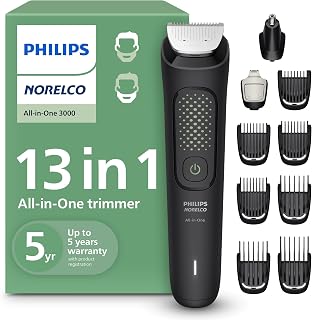 Philips Norelco All-in-One 3000 13-in-1 Trimmer, Face & Hair, Steel Blades | Men's Face & Hair Grooming Kit, Full Metal Blades, Detail Trimmer, 8 Length Settings, Nose & Ear Trimmer, 60-Minute Runtime