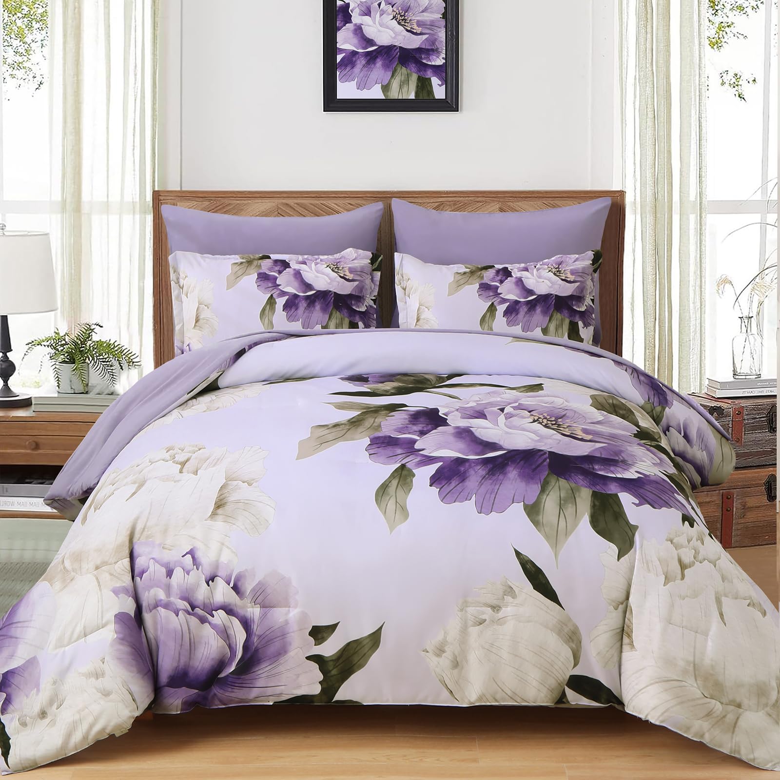 Dobuyly Purple Queen Comforter Set 7 Piece Bed in a Bag Queen, Purple Floral Pri