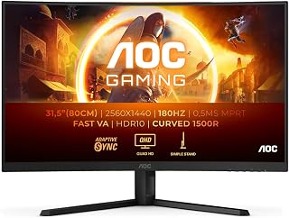 AOC Gaming CQ32G4VE - 32 Inch QHD Curved Monitor, 180Hz, Fast VA, 1ms GtG, HDR10, G Menu, Game Modes, FreeSync (2560 x 1440, 300 cd/m2, HDMI 2.0 / DP 1.2)