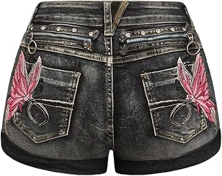 SOLY HUX Women's Y2k Butterfly Embroidery Distressed Low Rise Denim Shorts