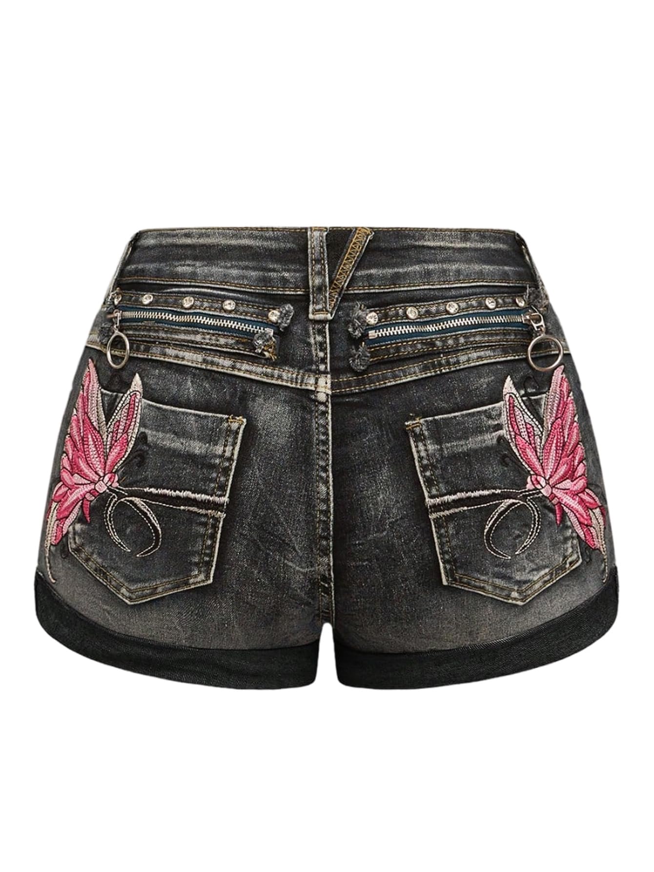 SOLY HUX Women's Y2k Butterfly Embroidery Distressed Low Rise Denim Shorts
