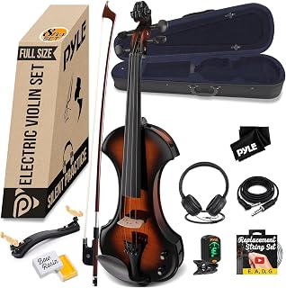 Pyle Full Size Electric Violin Kit, 4/4 Solid Wood Silent Fiddle with Hard Case, Extra String Set, Bow and Ebony Fittings for Students Beginners & Advanced