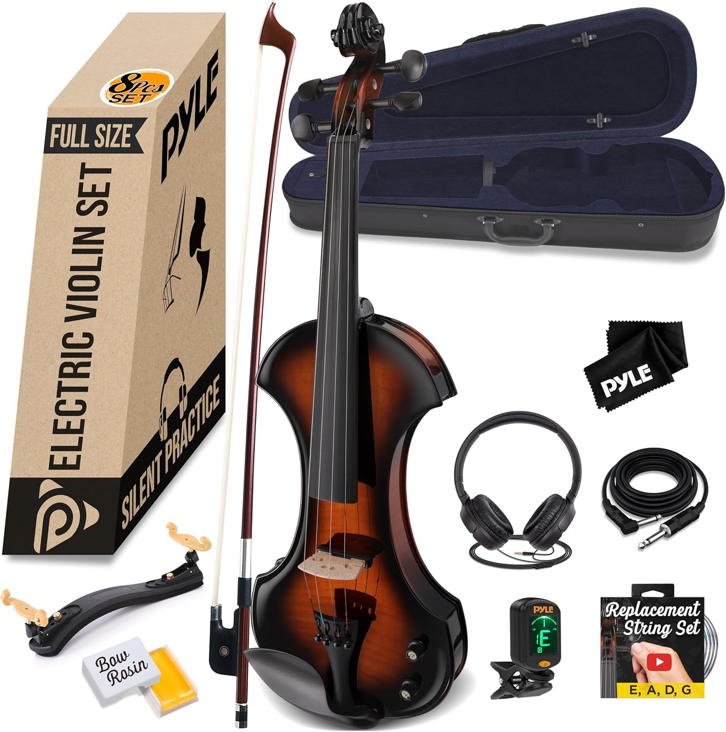 Pyle Full Size Electric Violin Kit, 4/4 Solid Wood Silent Fiddle with Hard Case,