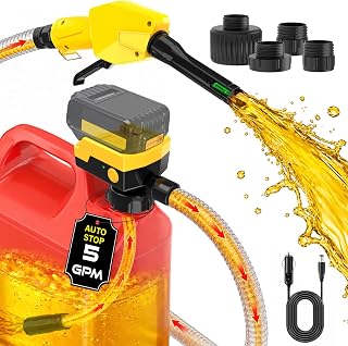 Keimi Cordless Electric Fuel Transfer Pump, Auto-Stop &amp; Hand Trigger Nozzle | 5 GPM, For Select DeWalt 20V and Milwaukee 18V Batteries, 4 Can Adapters, 51-Inch Hose, Bare Tool, Gasoline, Diesel, Kerosene