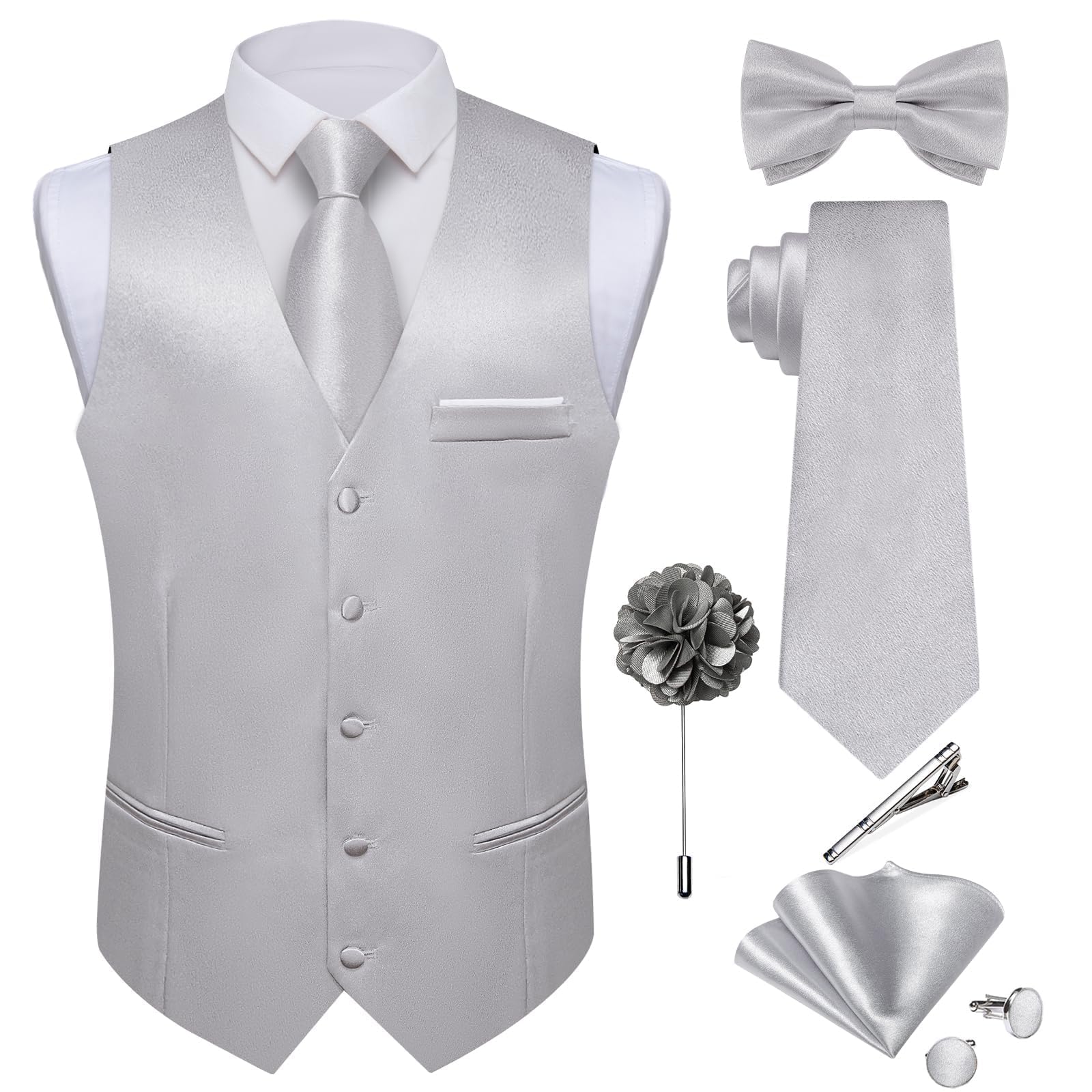 DiBanGu Men's Satin Suit Vest and Tie Solid Color Vest and Bow Tie for Tuxedo Fo
