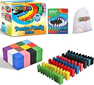 calmado – 360 pcs Wooden Domino Tiles – Domino Rally Set for Kids & Families – Colorful Wooden Dominos for Building, Stacking & Playing – Domino Family Edition incl. Storage Bag & Instructions