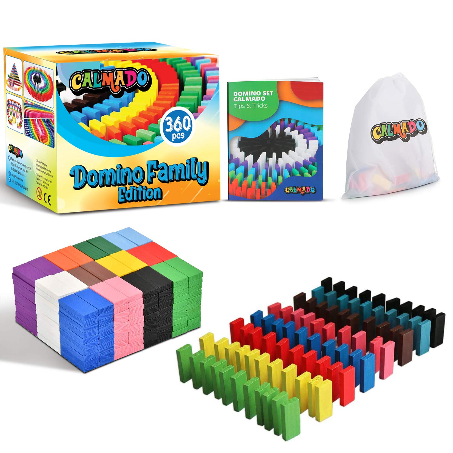 calmado – 360 pcs Wooden Domino Tiles – Domino Rally Set for Kids & Families – C