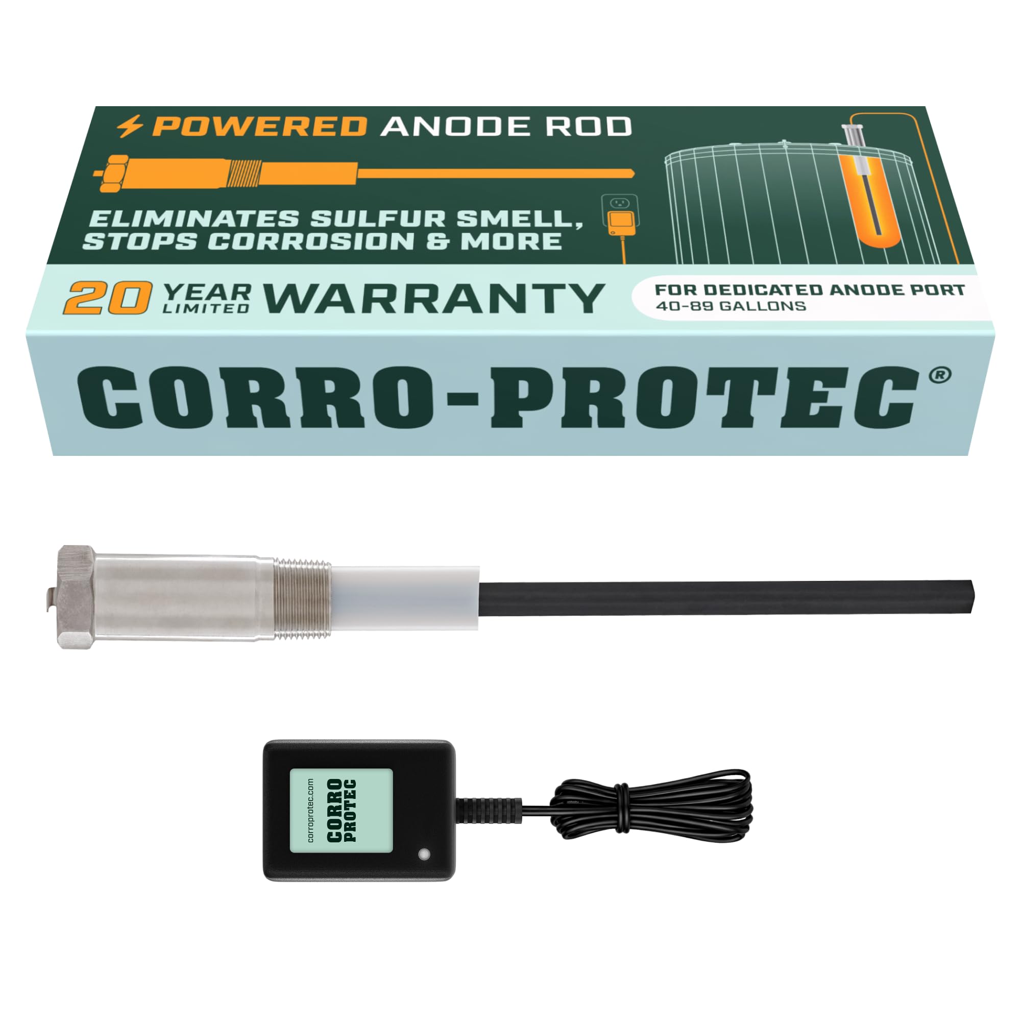 Corro-Protec Powered Anode Rod for Water Heater | 24-Hour Sulfur Smell Removal. 