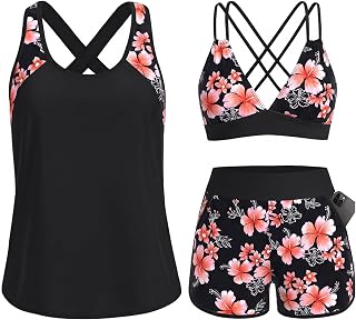 Daci Women 3 Piece Tankini Swimsuits - Tummy Control Tank Top with Bra Modest Bathing Suit with Pockets Boyshorts Bottom 2025