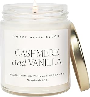 Sweet Water Decor Cashmere & Vanilla Candle, 9oz Clear Glass Jar | Jasmine, Soft Cashmere, Sandalwood & Vanilla Scented Soy Wax Candle, Gold Lid, 40+ Hour Burn Time, Poured in USA