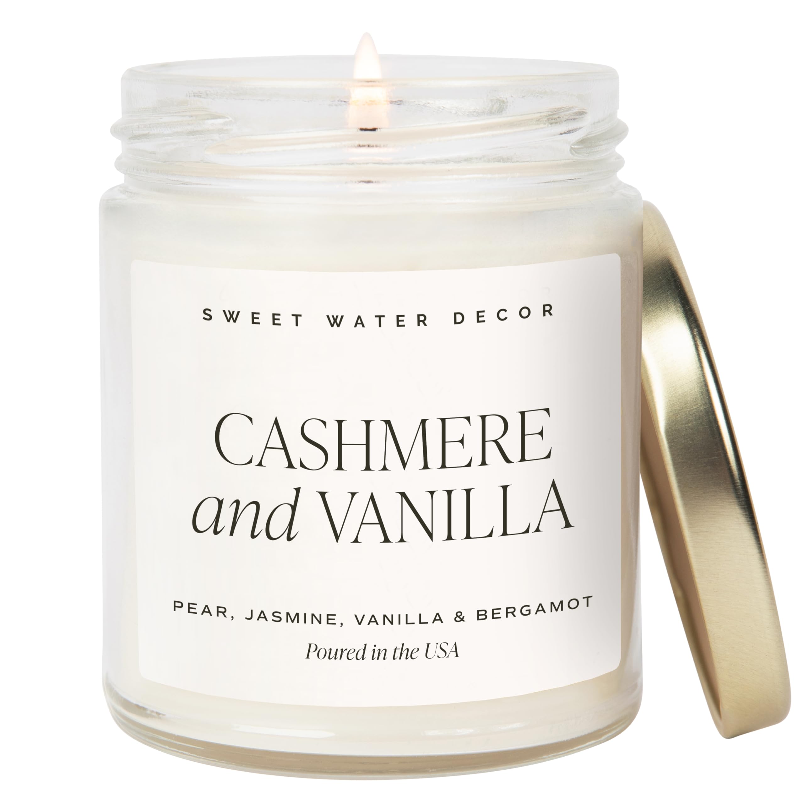 Sweet Water Decor Cashmere & Vanilla Candle, 9oz Clear Glass Jar | Jasmine, Soft