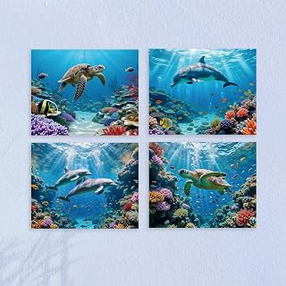 4 Pcs Underwater Ocean Wall Posters for Room Decor Aesthetic, Turtle Dolphin Wall Art Prints, Vibrant Coastal Room Decorations for Bedroom Bathroom, Unframed