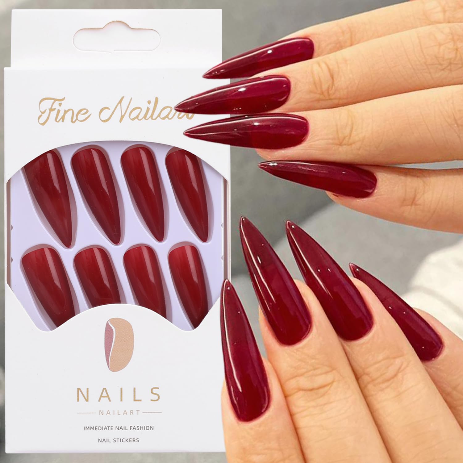 24pcs/set Black Red Artistic Pointed Fake Nails Self Adhesive 3D Removable Extra
