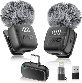 2 Mini Microphones, Wireless Lavalier Microphone for iPhone Android Laptop | 2 Pack Wireless Microphone with Noise Reduction, Mute, Reverb, Mini Mic for Video Recording, Interview, YouTube, Vlog, Tiktok