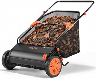 VEVOR Push Lawn Sweeper 26 in Leaf & Grass Collector 7 cu. ft. Hopper Bag | Heavy Duty Yard Sweeper with Adjustable Brush Height, Spinning Brushes, Rubber Wheels for Leaves Grass Cleanup, Black/Orange