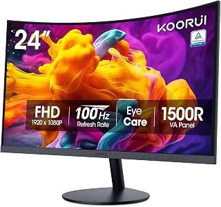 KOORUI 24 inch Curved Computer Monitor, FHD 100Hz VA 1500R PC Screen | Adaptive Sync, 99% sRGB, HDMI/VGA, Eye Care TÜV Rheinland Certified, Tilt Adjustable, Home Office, Study and Everyday Use