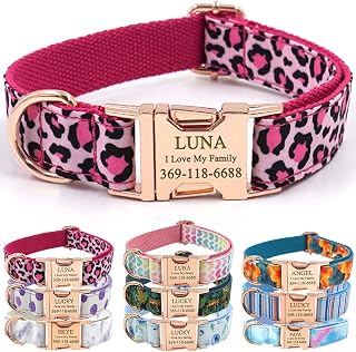 PETDURO Personalized Dog Collars Pink Leopard Print | Engraved Rose Gold Metal Buckle, Custom Name & Phone Number, For Large Medium Small Girl Dogs - Optional Leash Bow Tie