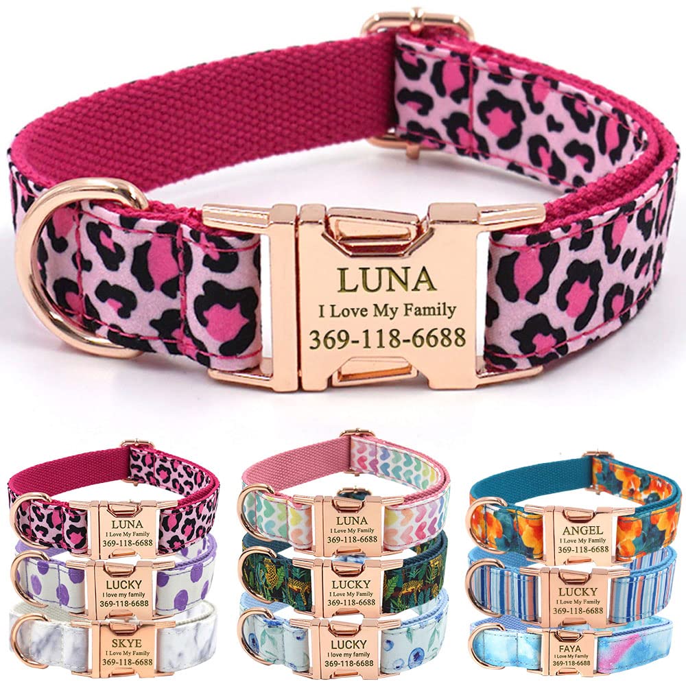 PETDURO Personalized Dog Collars Pink Leopard Print | Engraved Rose Gold Metal B