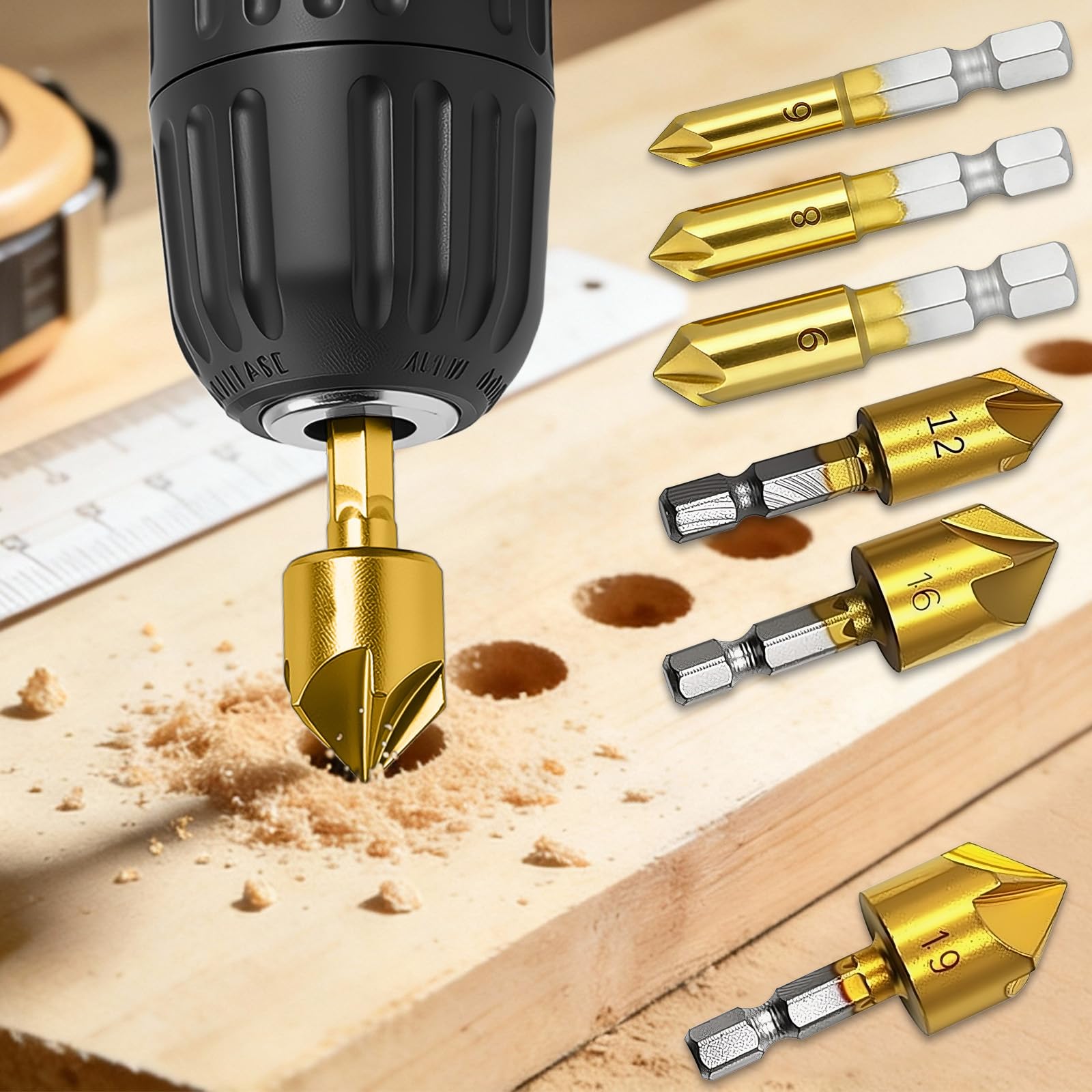 6 Pack Countersunk Drill Bit Set 6-19mm 5 Edge Chamfer and Deburring Bits with 1