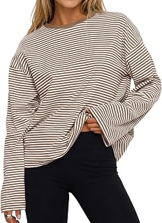 Flowyair Womens Oversized Striped Long Sleeve Shirts Crew Neck Cotton Tops