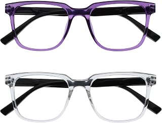 OPULIZE LEO Reading Glasses – Set of 2 – Wide Rectangular Frame – Purple, Transparent – Men and Women – Spring Hinges – RR55-5C – +3.50