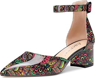 Aachcol Women's Ankle Strap Pumps Closed Toe Chunky Block Mid Heel D'Orsay Two-Piece 5 cm