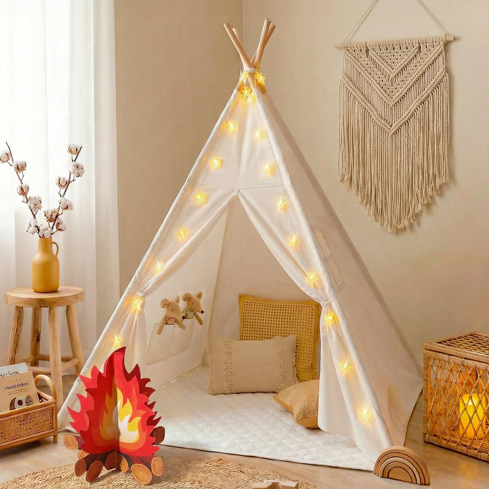 Little Dove Teepee Tent for Kids with Star Lights, Mat & Campfire Toy