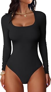 ANRABESS Bodis de manga larga con cuello redondo para mujer, para otoño, ajustado, de punto acanalado, sexy, suave, básico, a la moda