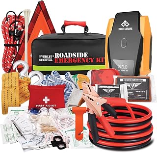 Everlit Survival Car Emergency Kit, Roadside Safety Tool Kit with Gloves,Digital Auto Air Compressor Tire Inflator, First Aid Kit, 12 Feet Jumper Cable, Tow Strap, Flashlight for Women, Men, Teenagers