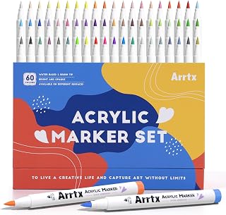 Arrtx Marqueurs acryliques 60A, pointe pinceau, pour peinture sur roche, verre, pierre, bois, céramique, avec paquet cadeau