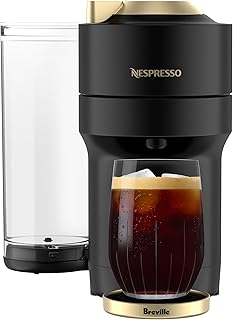 Nespresso Vertuo Pop+ Coffee & Espresso Maker by Breville, Black & Gold | Matte black and gold coffee machine with sleek design, 37 fl. oz. side water tank, 30 second heat-up and auto pod ejection.