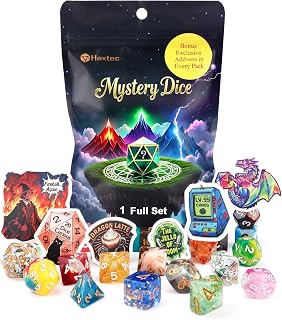 Haxtec Mystery DND Dice Set, 7 Pcs Random Resin Polyhedral RPG Dice | 3 Funny Waterproof Stickers, TTRPG Gifts, Dungeons & Dragons, Chance Win Rare Sharp Edge, Accessories, Table Games