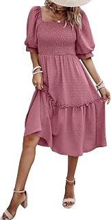PRETTYGARDEN Women's Summer Casual Dresses 2026 Spring Puff Sleeve Square Neck A Line Flowy Boho Floral Smocked Midi Dress
