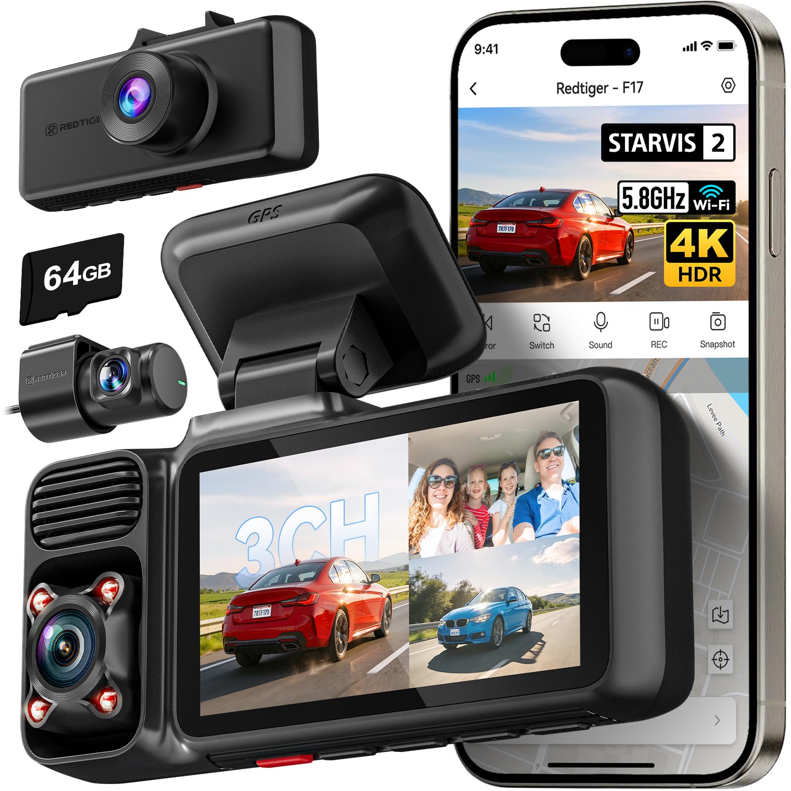 REDTIGER F17 4K 3CH Dash Cam, STARVIS 2 Sensor HDR, 64GB Card, 5.8GHz WiFi | 216