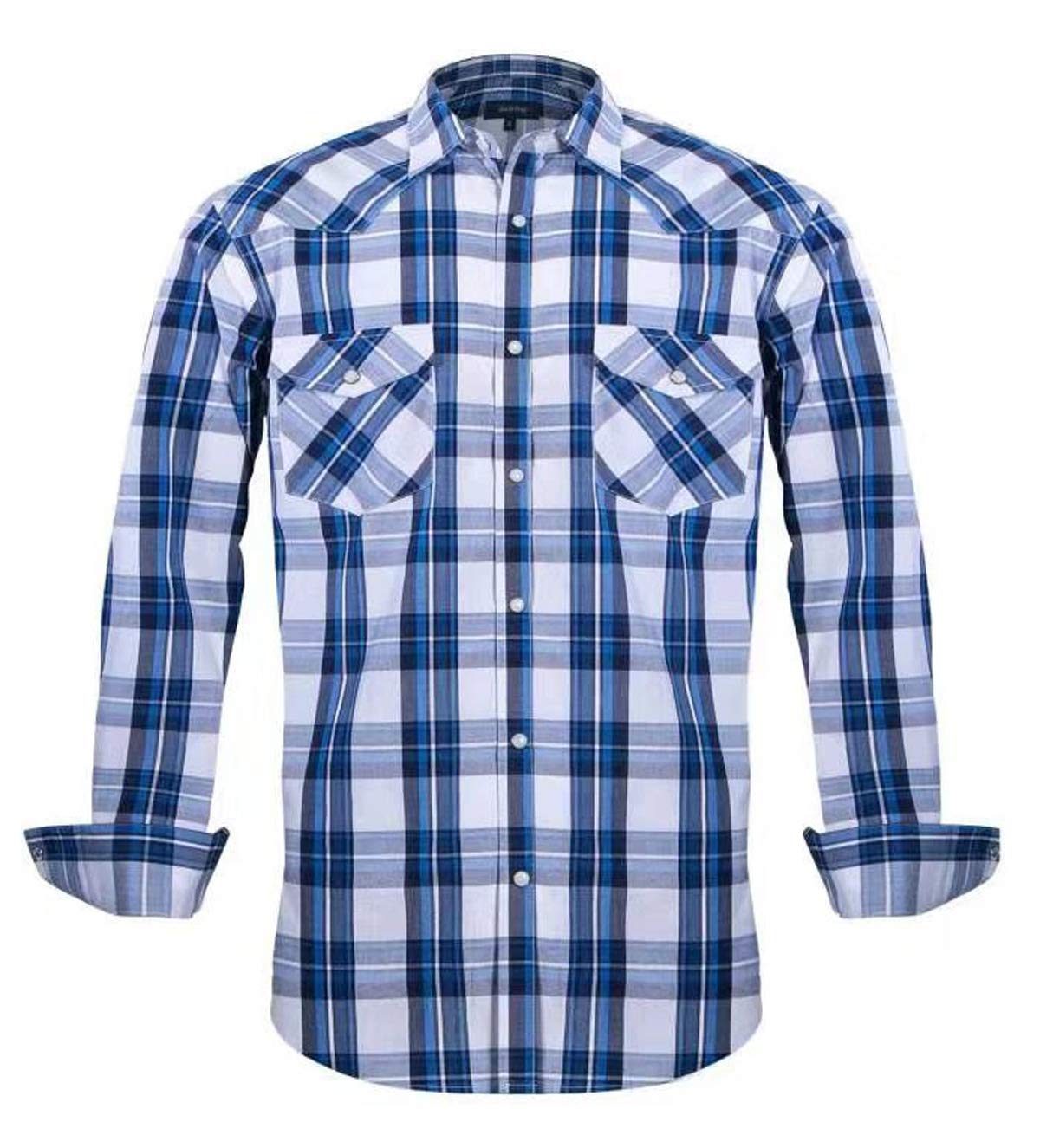 Men’s Western Cowboy Shirts-Long Sleeve Snap Button Plaid Shirt, Regular Fit Cot