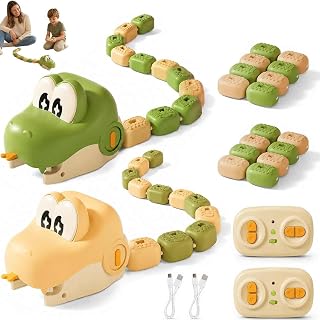 Magnetic Snake Game Toy Eating Itself, Remote Control Snake Game, Rechargeable RC Snake with Lights & Sounds, Interactive Family Toy, Tail Lengthens as It Collects Magnetic Blocks，Green + Yellow