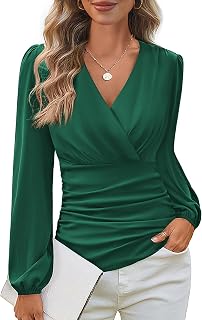 GRACE KARIN - Spring 2024 Women's Elegant V Neck Wrap Long Sleeve Ruched Casual Elegant Office Blouse