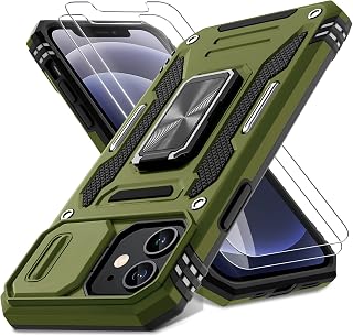 DEERLAMN Case for iPhone 12/12 Pro with Slide Camera Cover+Screen Protector(2 Packs),Rotated Ring Kickstand Military Grade Shockproof Protective Cover-Olive Green