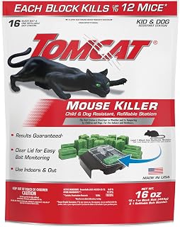 Tomcat Mouse Killer, Child & Dog Resistant, Refillable Station and 16 Baits | Weather-Resistant Indoor/Outdoor Bait Station with Clear Monitoring Lid, 1 Station and 16 Bait Blocks