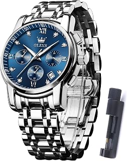 OLEVS Mens Watches Dress Designer Diamond Analog Quartz Stainless Steel Silver Waterproof Metal Date Chronograph Roman Numerals Gent Wrist Watch
