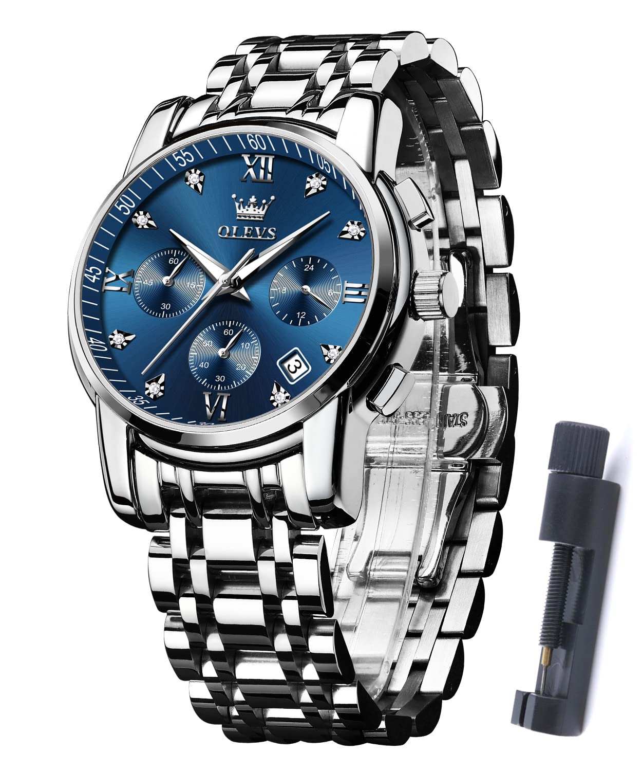 OLEVS Mens Watches Dress Designer Diamond Analog Quartz Stainless Steel Silver W