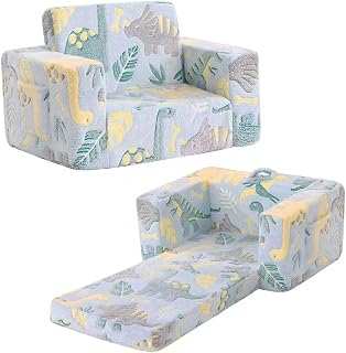 Tiita Kids Sofa, 2-in-1 Kids Sofa Chair, Convertible Chirldren Couch to Lounger, Flip Out Kids Sofa Chair, Toddler Armrest Chair for Girl or Boy, Grey Dinosaur