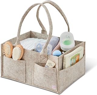 Ciuifoiy Upgraded Baby Diaper Caddy Organizer, Portable Nursery Storage Bin with Handle, Side Pockets Car Organizer for Diapers and Baby Wipes Essentials, Registry Gift Baskets (Small-Oatmeal)