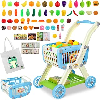 Toddler Shopping Cart - 2 in 1 Toy Grocery Cart for Kids with Pretend Play Food Toys, 72pcs Toy Shopping Cart for Kids Ice Cream Paly Money, Educational Gift for 3 4 5 6 Year Old Boy
