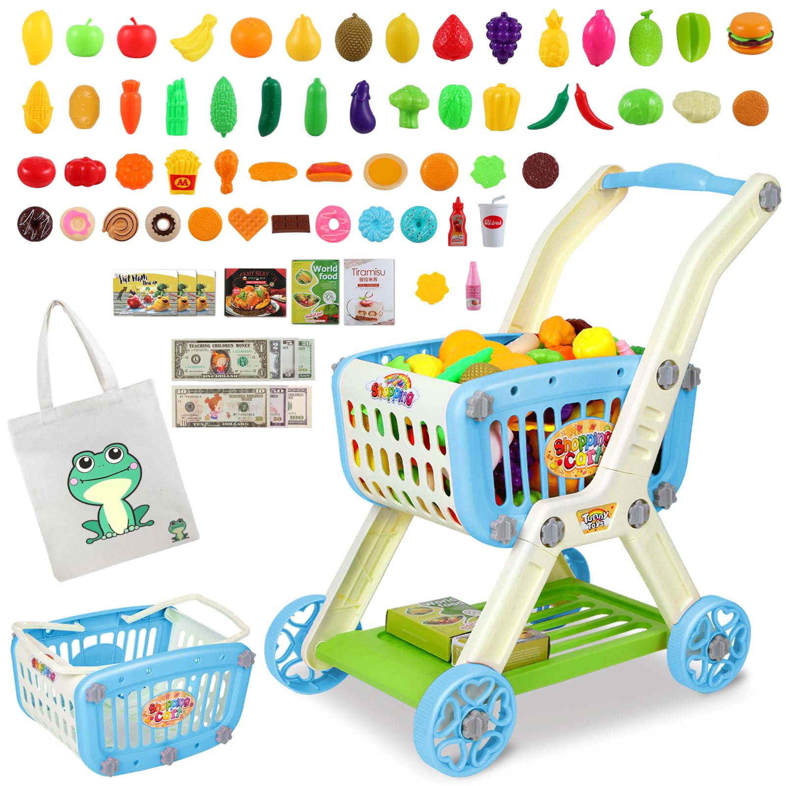 Toddler Shopping Cart - 2 in 1 Toy Grocery Cart for Kids with Pretend Play Food 